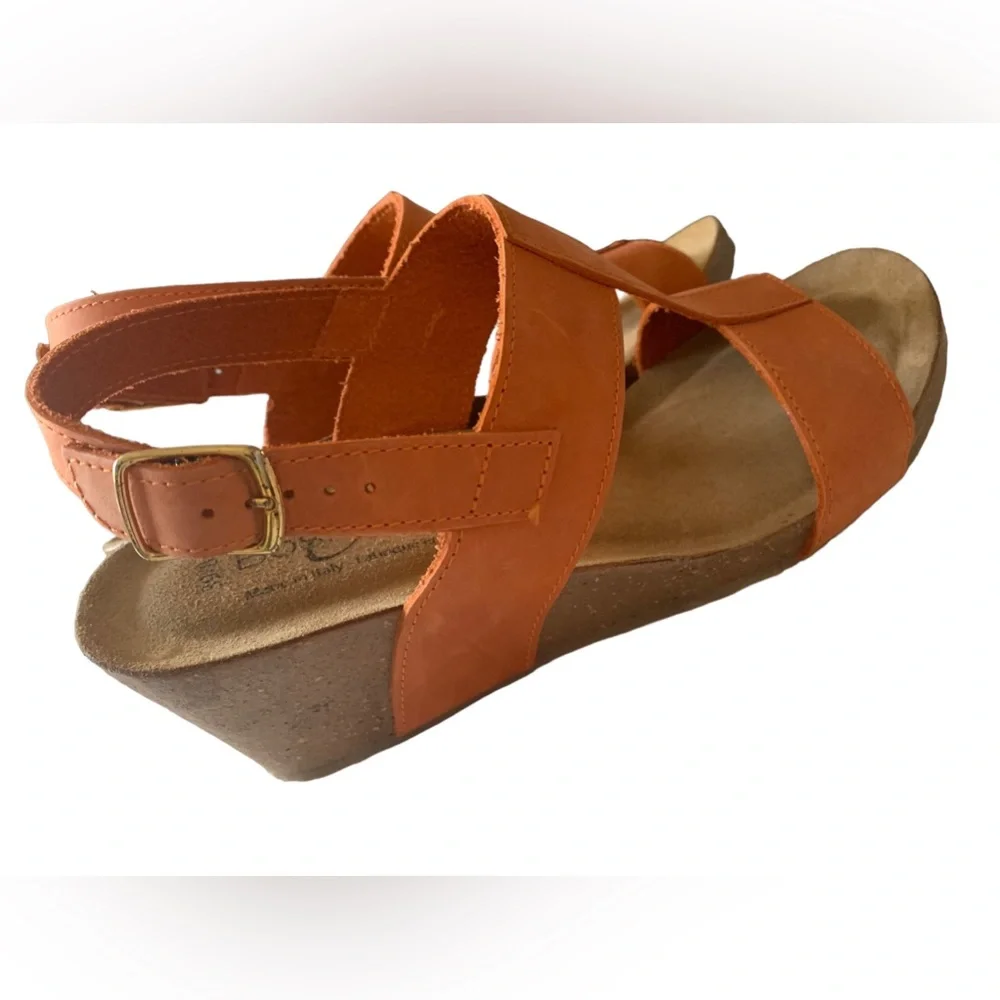 Women's Bos & Co Lust Italian Leather T-Strap Wedge Sandals Orange Made in Italy - Picture 4 of 11